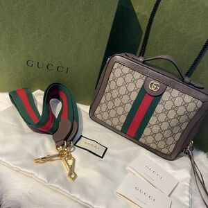 Gucci GG Supreme Monogram Web Small Ophidia Top Handle Shoulder Bag Brown